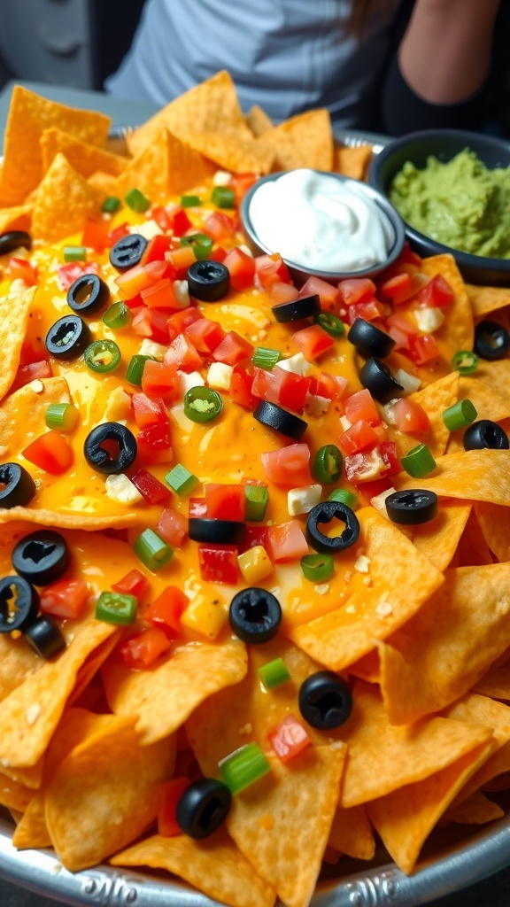 A colorful plate of loaded nacho chips with cheese, jalapeños, olives, and tomatoes, served with guacamole and sour cream.